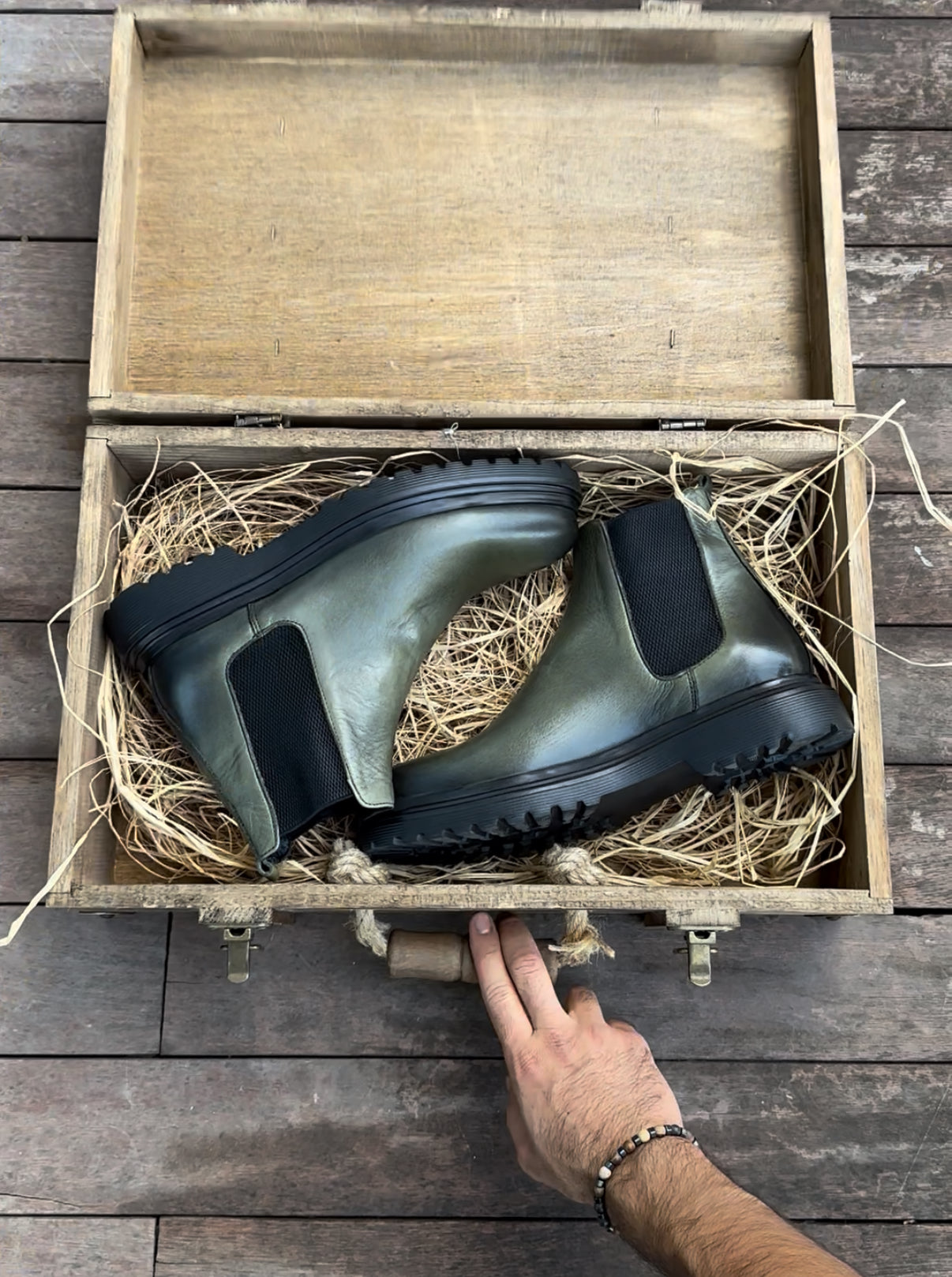 Olive green Chelsea boots