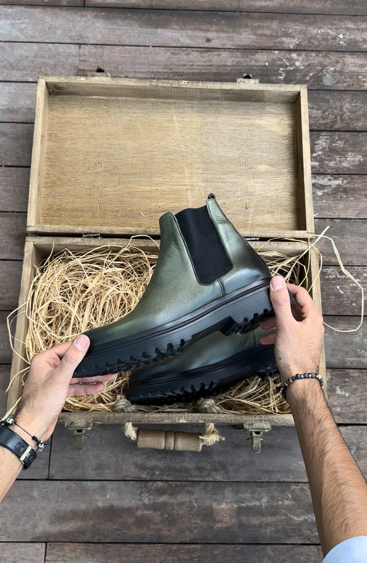 Olive green Chelsea boots