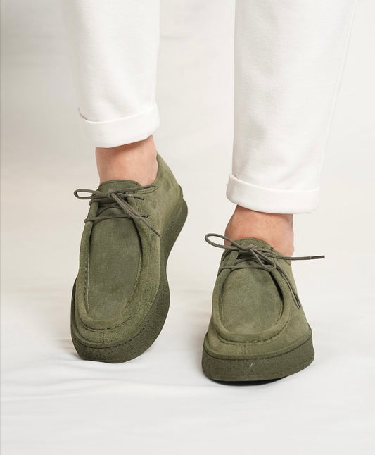 Olive green nubuck loafer with laces