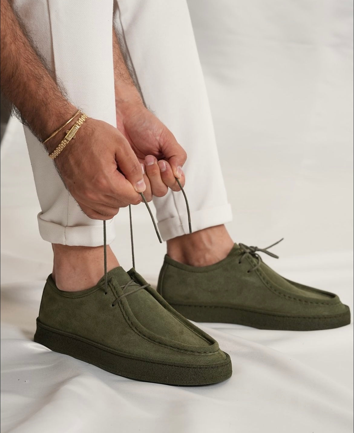 Olive green nubuck loafer with laces