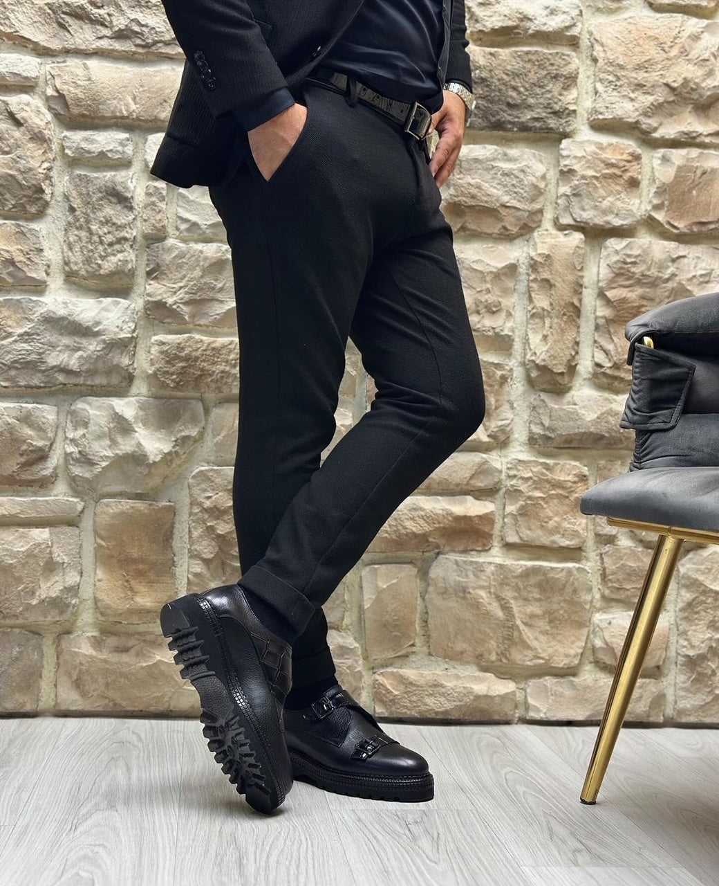 Black genuine leather brongues 012 with clips