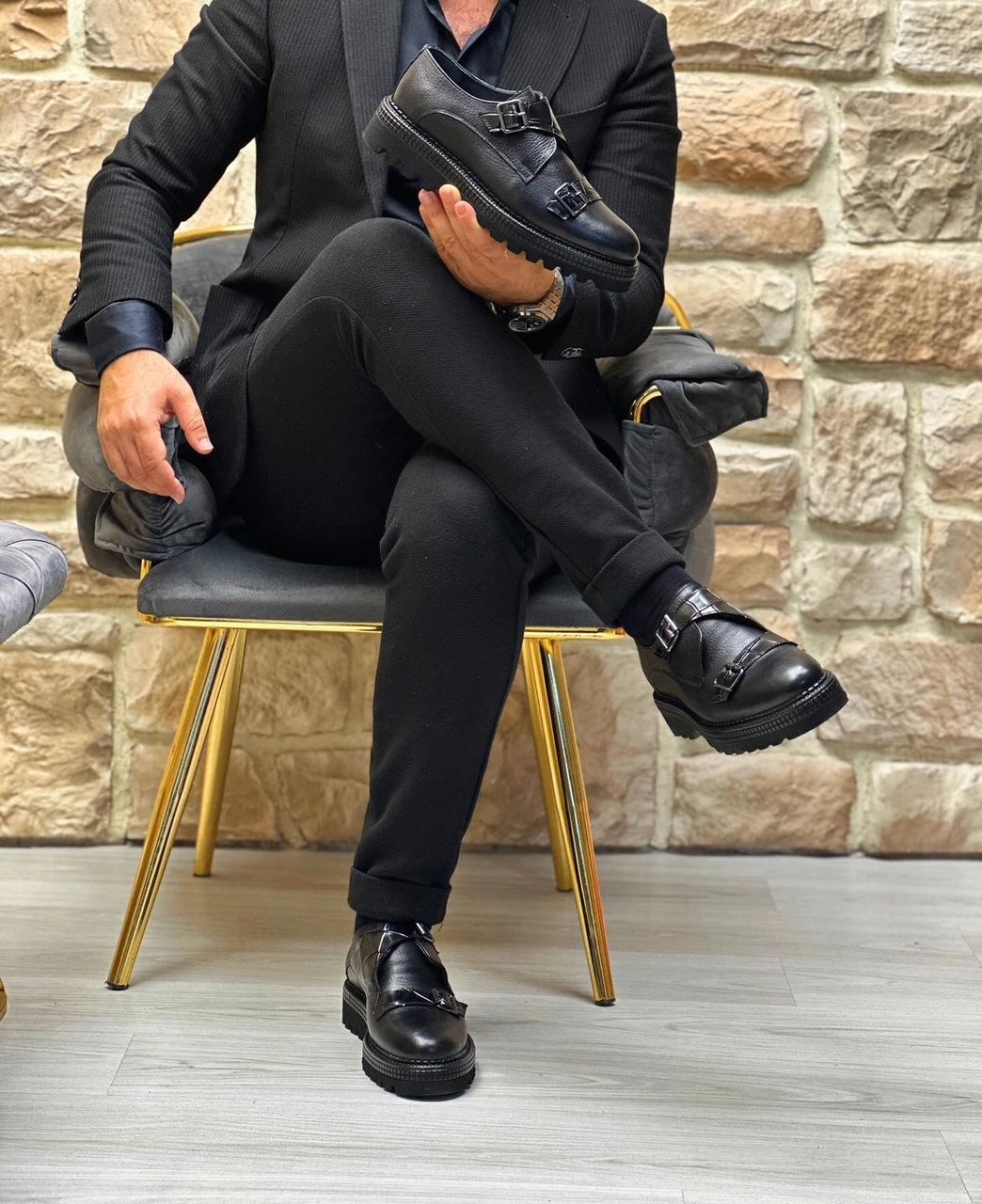 Black genuine leather brongues 012 with clips