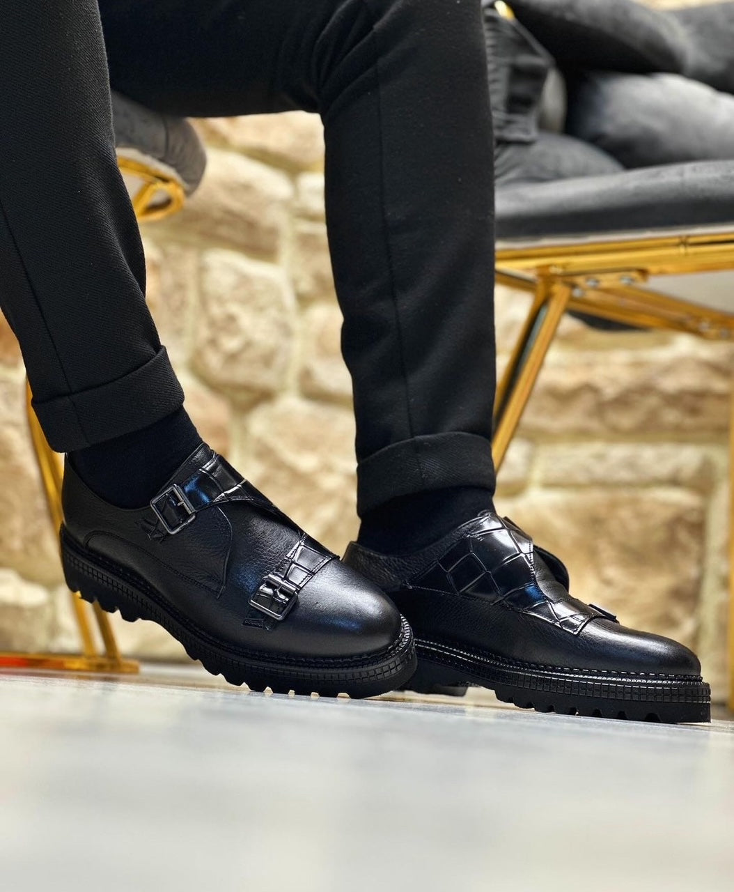 Black genuine leather brongues 012 with clips